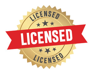 Gold licensed badge with red ribbon design quality assurance symbol
