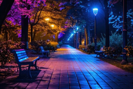 Beautiful empty park with colorful lights at night outdoors autumn nature. - Powered by Adobe