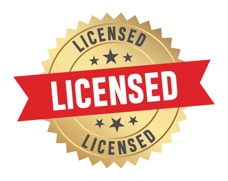 Gold licensed badge with red ribbon design quality assurance symbol