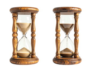 Two hourglasses side-by-side, one nearly empty, other with sand half-transferred