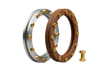 Brushed silver and rusted brown circular frames, with polished brass bolts and a single bolt, on a clean transparent background. high-quality product display