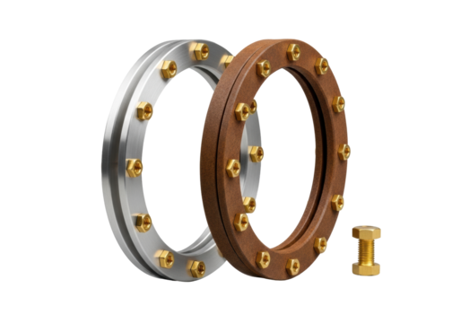 Brushed silver and rusted brown circular frames, with polished brass bolts and a single bolt, on a clean transparent background. high-quality product display