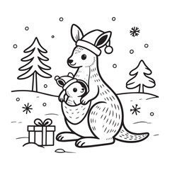 Mother Kangaroo with Baby in Pouch Celebrating Christmas in Snowy Winter Scene Line Art Design.