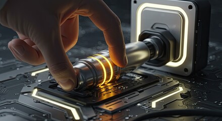 Connecting futuristic technology with a metallic device, showcasing innovation and connectivity solutions for cutting-edge industries and scientific breakthroughs