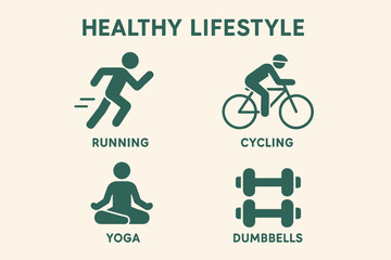 Healthy lifestyle icons set — vector symbols of running, cycling, yoga, and dumbbells for fitness, sport, wellness, and active life design