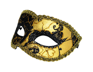 Ornate, gold and black masquerade mask with elaborate design and trim