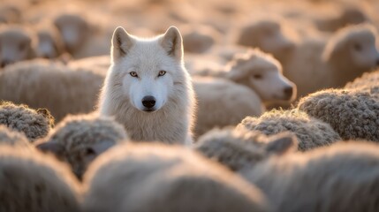 Obraz premium A lone wolf hidden among sheep creates a tense image of risk danger and unseen threat within safety.