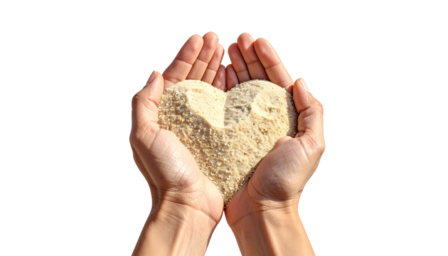 Hands holding heart shaped sand isolated on solid white background Png format - Powered by Adobe