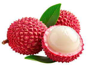 Close-up of three exotic red fruits with green leaves and one sliced, showing juicy flesh