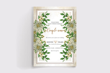 WEDDING INVITATION FRAME WITH FLOWER DECORATIONS AND FRESH LEAVES