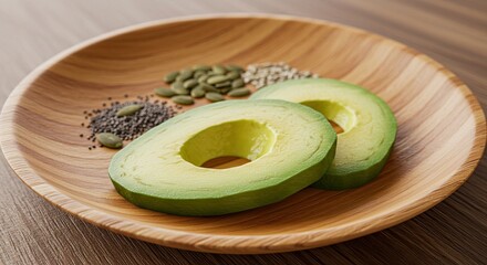 Fresh avocado slices with seeds on rustic wooden plate offer a vibrant and healthy food lifestyle, perfect for wellness and culinary projects