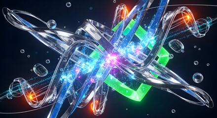 Abstract representation of atomic structure with glowing nucleus and orbiting electrons in a futuristic, digital environment, symbolizing science and technology