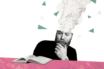 Composite trend artwork 3D sketch collage of clever young man portrait face emoji mind think brainstorming student geek read open book