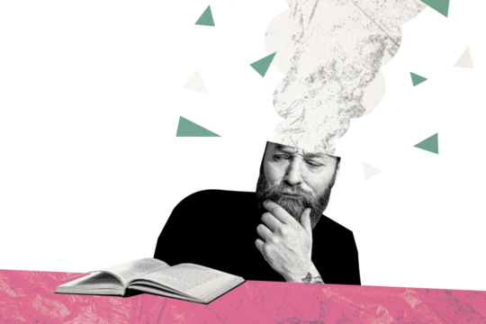 Composite trend artwork 3D sketch collage of clever young man portrait face emoji mind think brainstorming student geek read open book