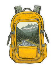 Isolated yellow backpack illustration with mountain landscape design
