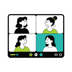 Vector art of online meeting with four women on a computer screen, showcasing virtual communication and collaboration