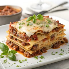 close-up of a lasagna bolognese on a white background