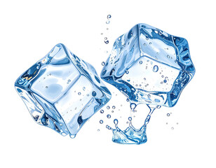 Two translucent ice cubes, droplets and splashes on black background