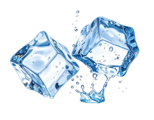 Two translucent ice cubes, droplets and splashes on black background