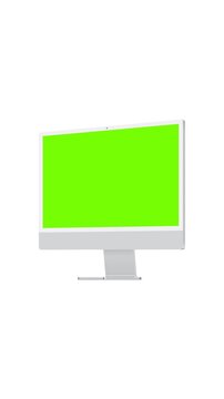 Animated mockup of computer monitor with green screen zoom effect, side perspective view, isolated on white background. Perfect for video design, branding, chroma key editing, and digital projects
