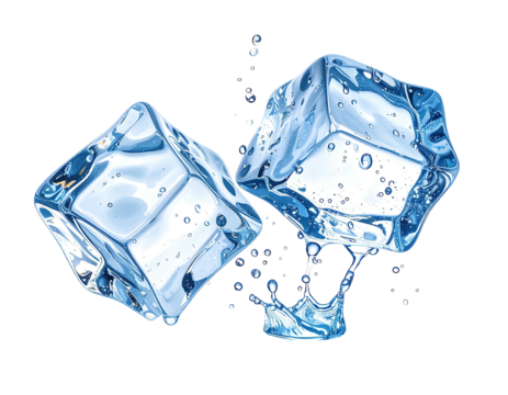 Two translucent ice cubes, droplets and splashes on black background