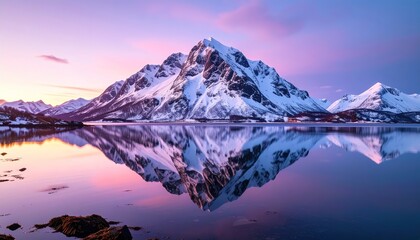 A serene winter landscape showcases snow-capped mountains reflected perfectly in a tranquil lake, bathed in the vibrant hues of a sunrise.