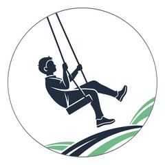 Silhouette boy on swing in circular frame with green waves