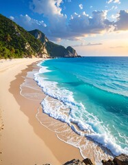 Pristine beach at sunrise; turquoise waves gently lap a sandy shore, backed by lush green cliffs