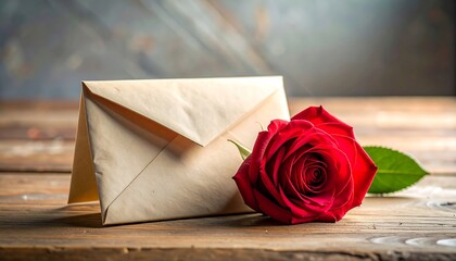 Romantic letter, red rose, wooden table
