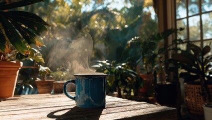 A blue mug of steaming drink on a wooden table