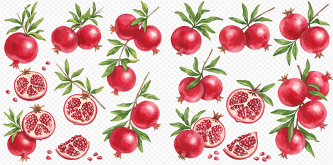 Illustration of pomegranates, whole and halved, with leaves, on a white background.