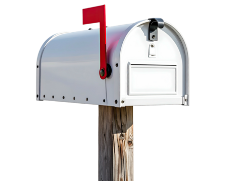 Classic white mailbox with red flag attached to a wooden post, isolated on black