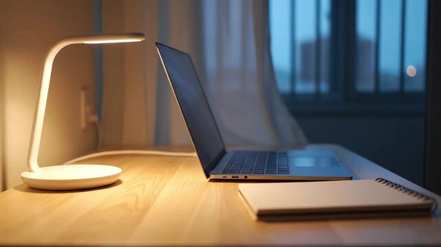 Laptop on Desk with Lamp and Notebook at Night