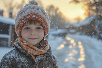 A cheerful child in warm winter clothing stands amidst falling snow, with a cozy backdrop of snowy landscapes at sunset, radiating a sense of joy and wonder.