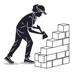 Silhouette of a person building a brick wall with a trowel