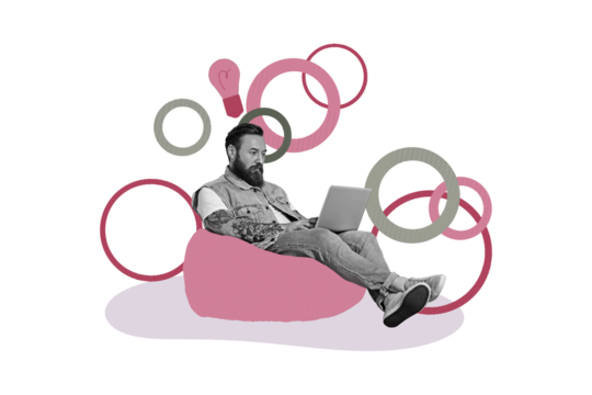 Composite photo collage of serious businessman type laptop light bulb idea finding solution sit beanbag isolated on painted background - Powered by Adobe