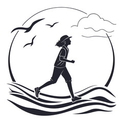 Silhouette of a person running by the sea with birds and clouds