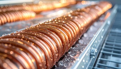 Shiny copper coils with condensation droplets highlight refrigeration process and efficient heat exchange in industrial cooling system.
