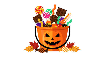 A vibrant illustration of a Halloween pumpkin bucket overflowing with various candies and treats.