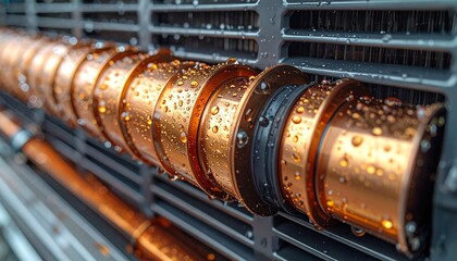 Shiny copper coils with condensation droplets used in industrial refrigeration and heat exchange cooling systems, highlighting efficiency and metallic texture.