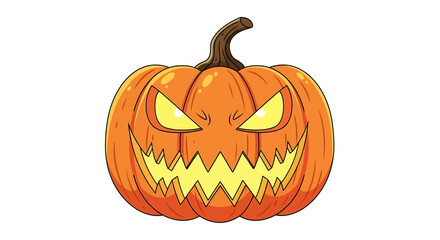 Cartoon illustration of a carved Halloween pumpkin with a scary face and glowing eyes.