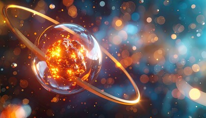 Glowing atomic nucleus energy visualization showing particles, orbits, and vibrant blue-orange dynamic background, representing physics, quantum science, and nuclear technology concepts.