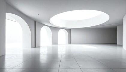 Modern curved white architectural design with minimalist lines, open space, and bright daylight under a clear blue sky, evoking calm innovation and elegance.
