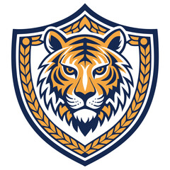 A heraldic shield features a fierce tiger head with gold and navy blue accents.