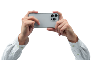 Hands using a modern smartphone and taking photo or video isolated on transparent.