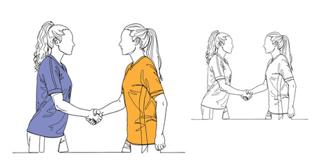 Vector illustration of two female athletes shaking hands, symbolizing sportsmanship, respect, and fair play, with both colored and outline versions included. Ideal for sports design, teamwork