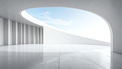 Modern white minimalist curved architecture contrasts sharply with blue sky, creating a futuristic, clean, and open atmosphere with strong geometric lines.