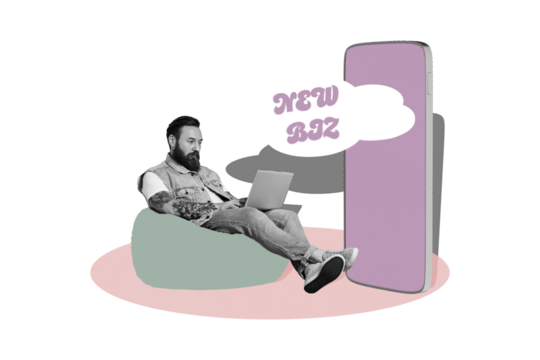 3D photo collage trend sketch template artwork of new biz cloud young guy hipster sit beanbag work laptop begin startup smartphone display - Powered by Adobe