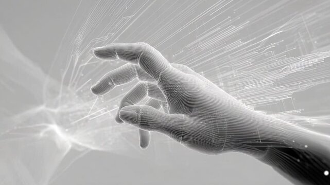 A close-up view of a digital hand reaching out, seamlessly blending with flowing lines of data, symbolizing the intersection of technology and human interaction, and the concept of connectivity in a