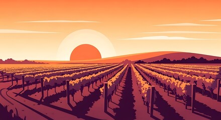 Serene vineyard landscape at sunset in warm color palette illustration